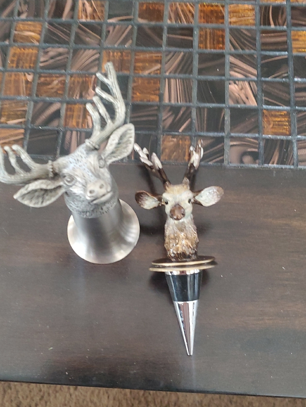 Deer Head Bottle Stopper And Shot Glass - Metal Silver Brown